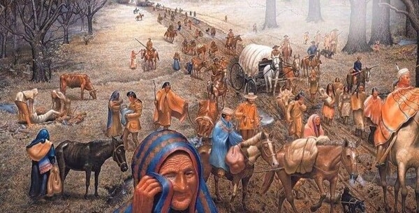 ▲ 미제 백인의 원주민 축출 정책으로 수 만년 동안 살던 터전을 등지고 가제 이주당하는 미주 원주민들. 원주민 땅을 강탈한 미제 백인들은 미주대륙에서 수만년동안 자연과 하나 되어 지상낙원을 일구며 살아가던 원주민을 시대를 달리하며 학살과 약탈 및 말살 하였다(편집인 주).