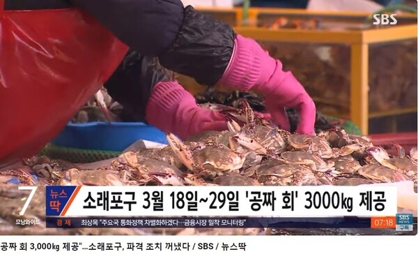 ▲ 광어회 무료제공 행사중인 소래포구 어시장. 자료: 서울방송 발췌.