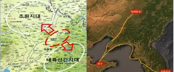 ▲ 유튜브 대한사랑, 경제관점에서 본 고려서북계 위치고찰(신민식박사) 캡쳐, 우측 지도는 가탐도리기에 요하를 거쳐 발해황성과 신라황성을 가는 길을 표시한 것이다. 요동에서 산동으로 그려진 선 중에 위에 있는 선이 ‘마행도’이다.